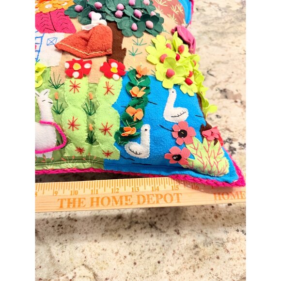 Handmade Peruvian Aspiralla Folk art 3D Embroidered Pillow Whimsical Landscape - Picture 9 of 13